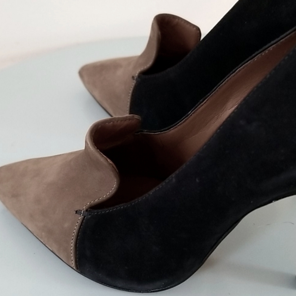 Schutz Black & Tan Pointy Toe Loafer Suede Pumps - Picture 7 of 14